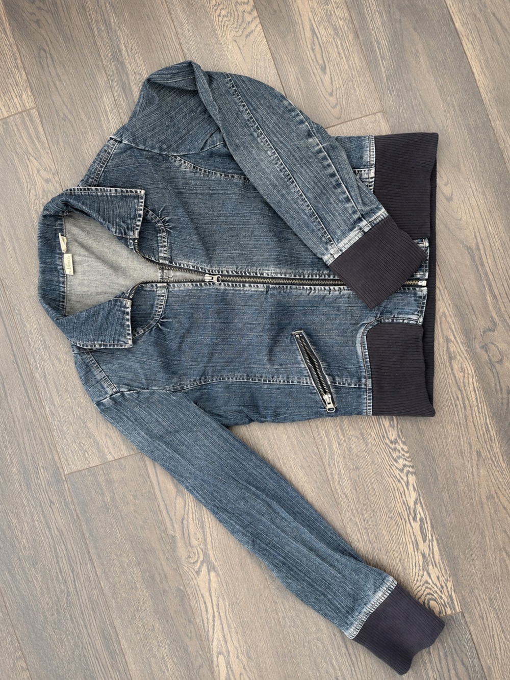 Rubbish Denim Moto Bomber Jacket | Size M | Y2K Style | Ribbed Knit Trim
